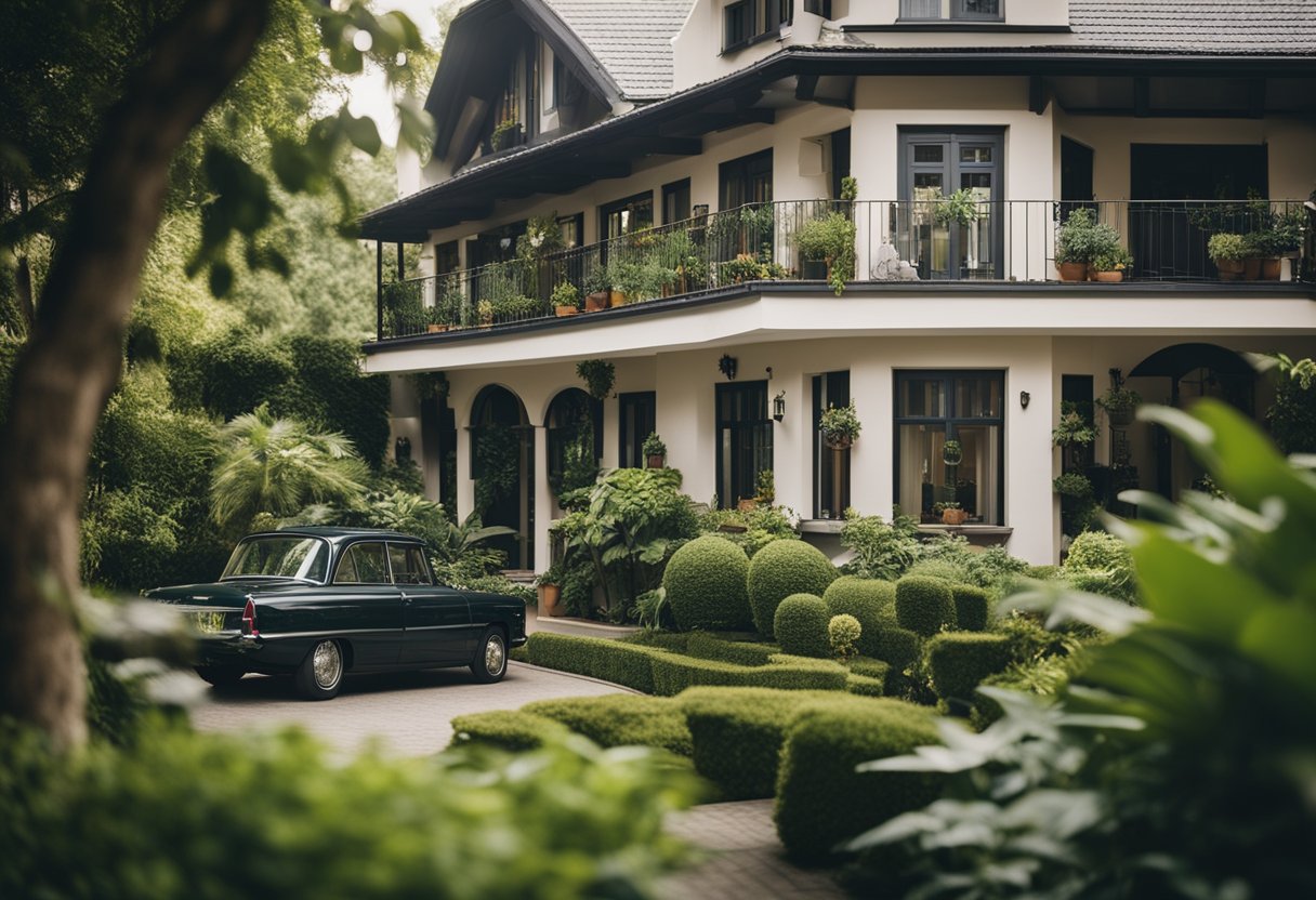 A cozy bed and breakfast with a welcoming sign, surrounded by lush greenery and a charming building, contrasting with a modern hotel with a sleek facade and bustling city backdrop
