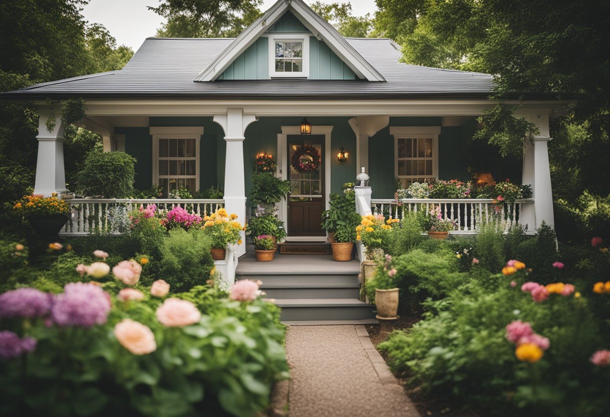 A cozy bed and breakfast with no money: A quaint, welcoming front porch with a "Welcome" sign, surrounded by lush greenery and colorful flowers