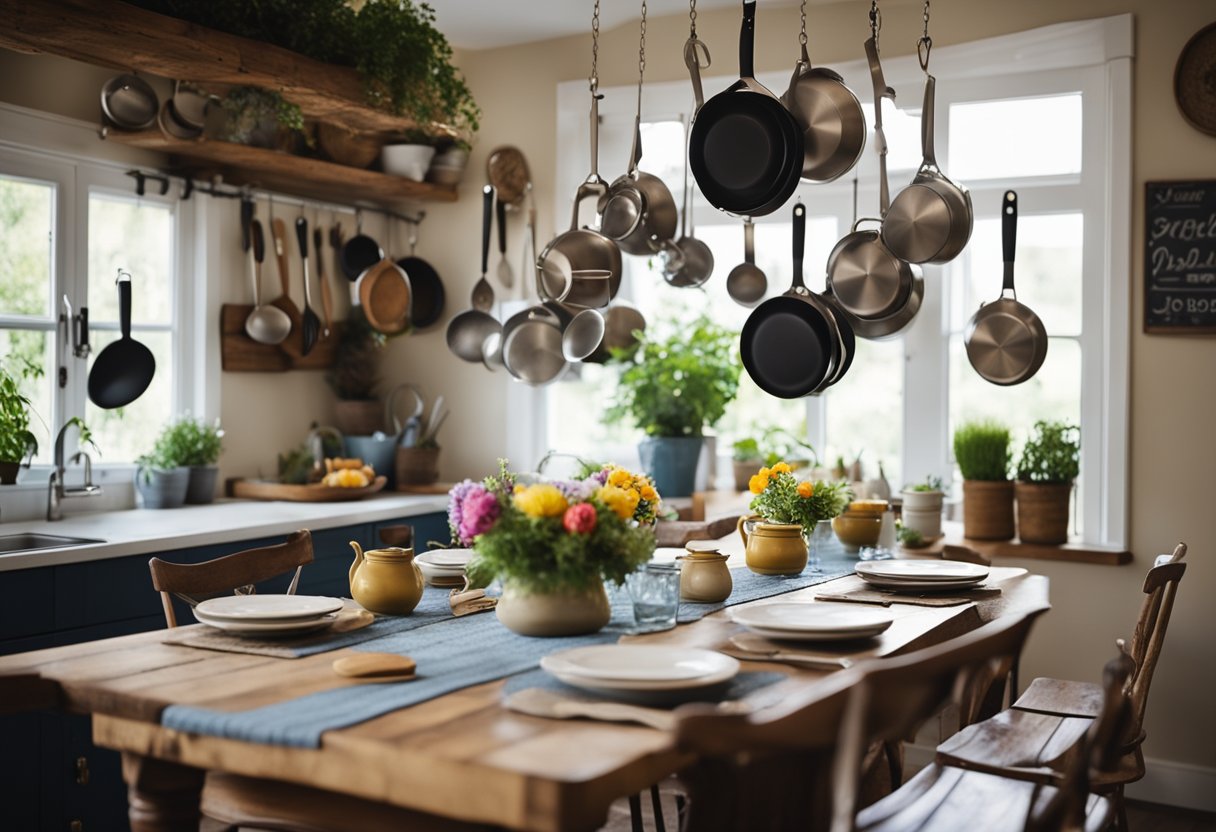 A cozy kitchen with pots and pans hanging from the ceiling. A rustic dining area with a long wooden table set with fresh flowers and colorful place settings. A welcoming sign outside the front door