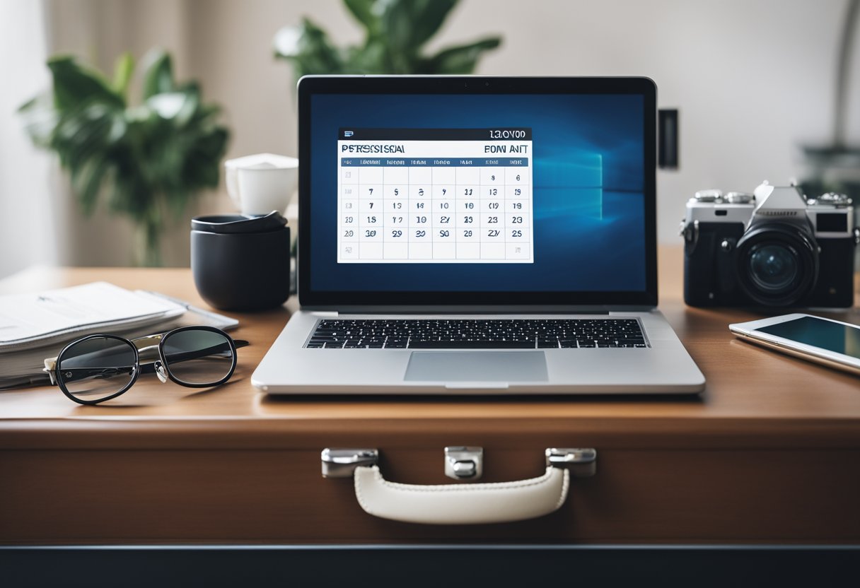 A laptop open on a desk with a calendar, email inbox, and contact list displayed. A suitcase and travel documents nearby