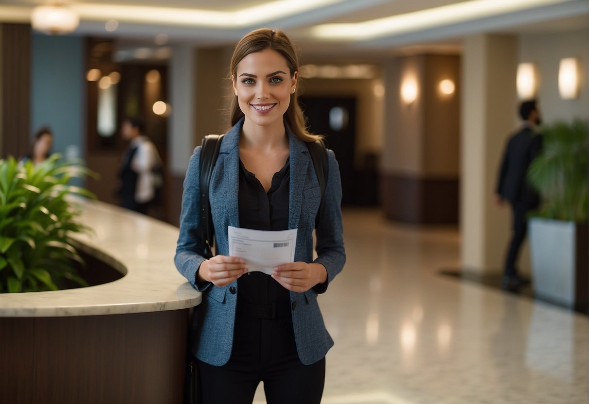A young traveler approaches a hotel reception desk, asking about the minimum age requirement for check-in. The receptionist explains the policy while handing over a brochure