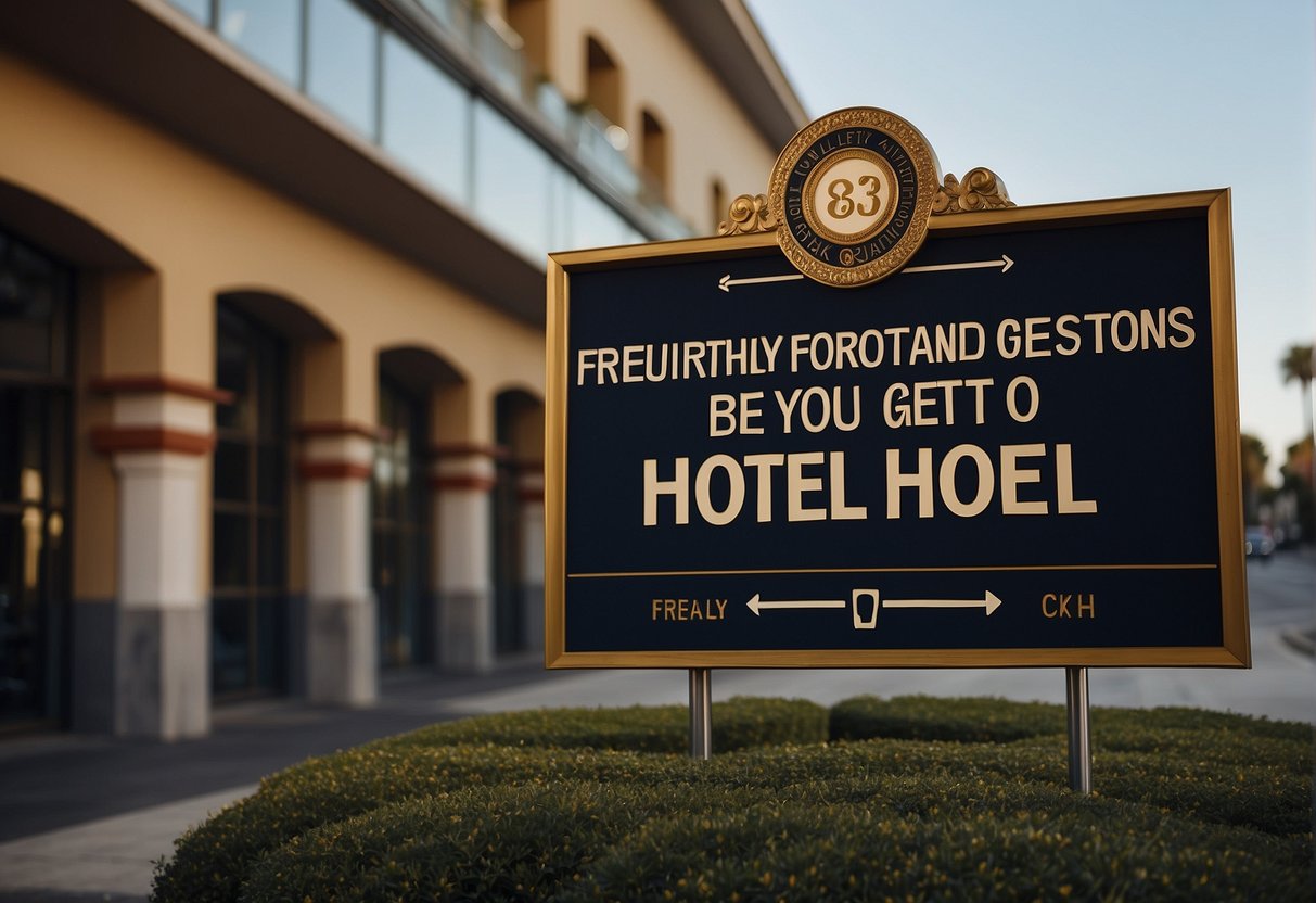 A sign outside a hotel with the words "Frequently Asked Questions: How old do you have to be to get a hotel" displayed prominently