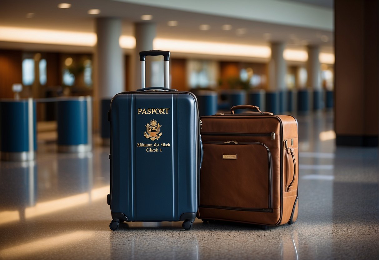 A passport and a suitcase sit on the hotel check-in counter, with a sign stating "Minimum age for hotel check-in: 18 years old" displayed prominently