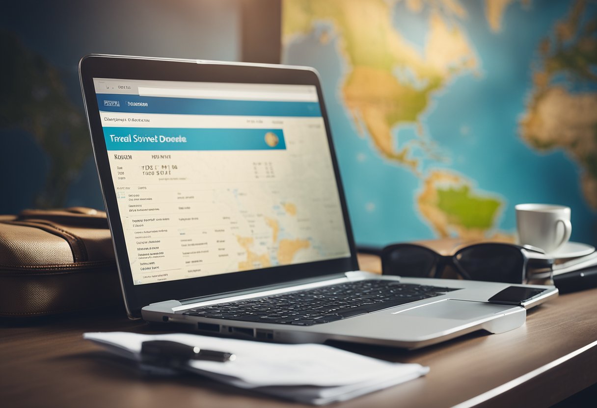 A suitcase, laptop, and travel documents on a desk with a world map in the background