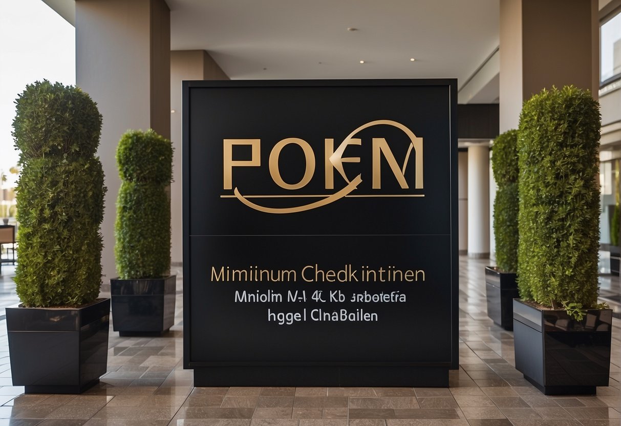 A sign at the hotel entrance states "Minimum check-in age: 21 years old." The hotel logo is prominently displayed on the sign