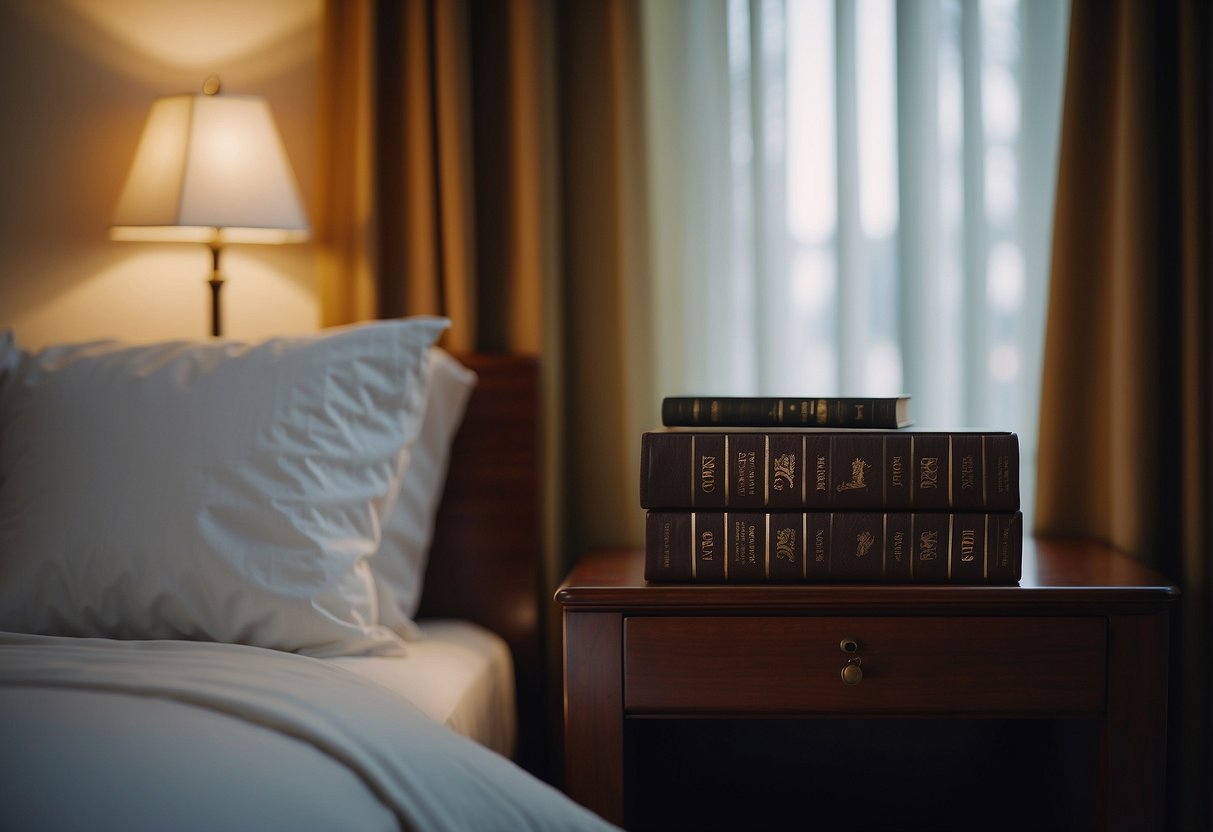 A hotel room with a Bible placed on a nightstand, symbolizing cultural and religious significance