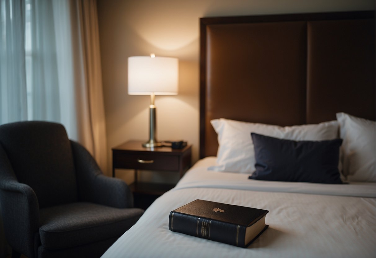 A hotel room with a bible on the bedside table, alongside modern amenities and technology