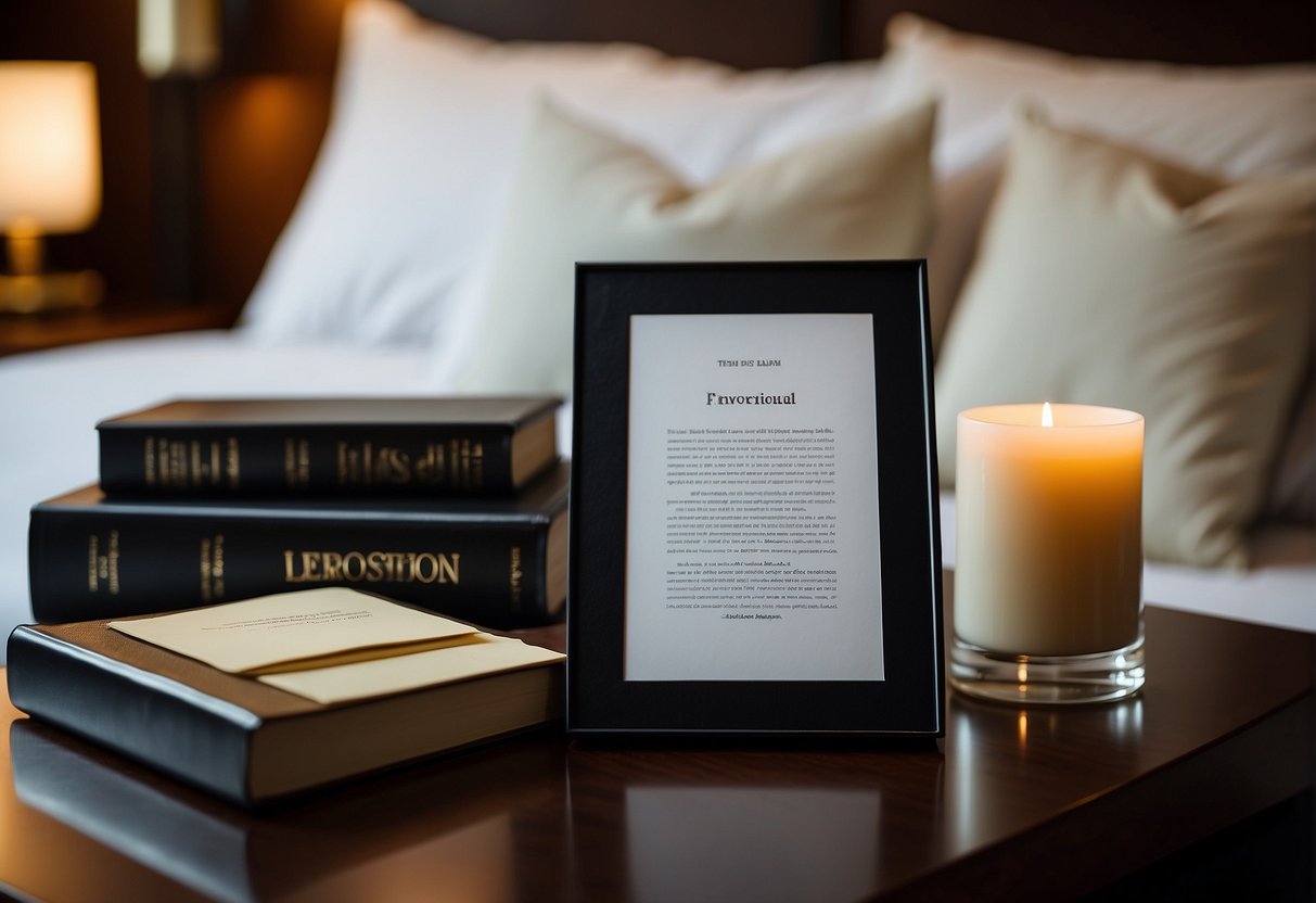 A bible placed on a bedside table in a modern hotel room, alongside a welcome note and amenities