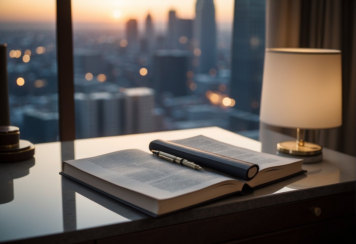 A hotel room with a bible placed on the bedside table, alongside a notepad and pen. The room is tidy and well-lit, with a comfortable bed and a view of the city skyline