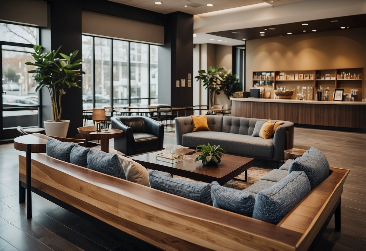 A cozy lobby with stylish decor and a welcoming reception desk, surrounded by comfortable seating areas and a display of local artwork