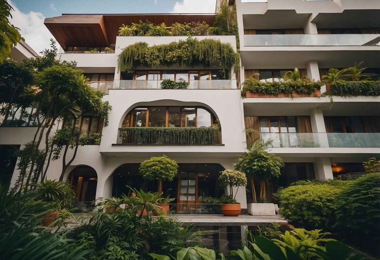 A boutique hotel nestled in a vibrant city center, blending modern design with local cultural influences. The building reflects the surrounding architecture, with lush greenery and unique decor