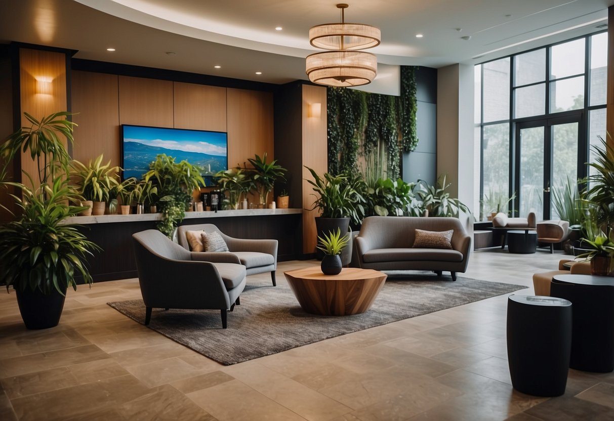 A cozy lobby with stylish furniture and a welcoming reception desk, surrounded by lush plants and contemporary artwork. A coffee bar and cozy seating areas invite guests to relax and enjoy the boutique hotel's amenities