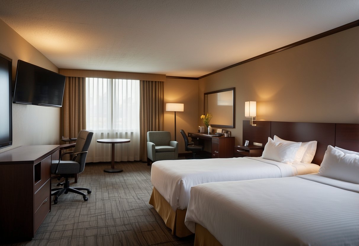 A hotel room with two double beds, a spacious sitting area, and a large bathroom with amenities. A desk, TV, and mini-fridge are also included