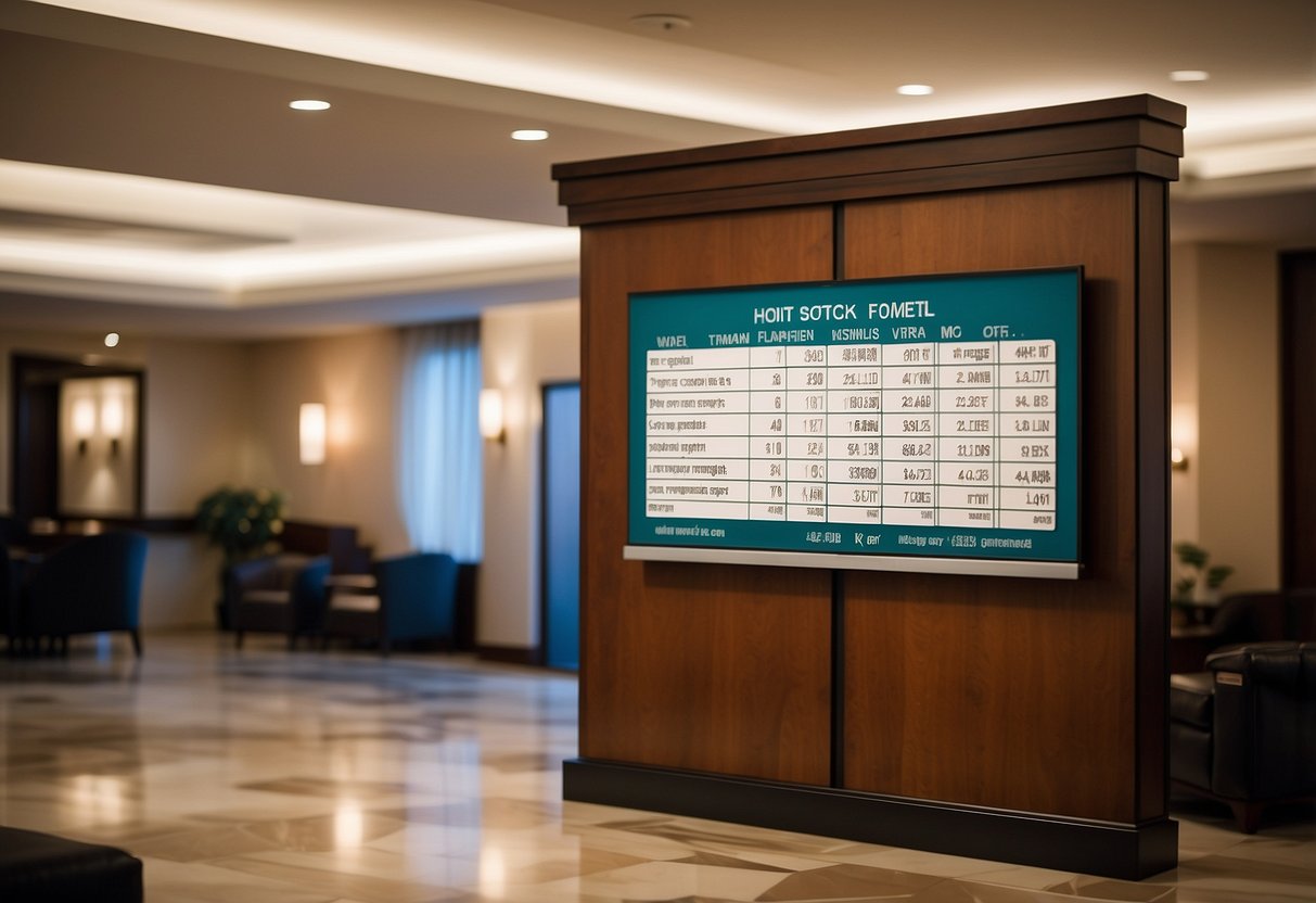 The hotel policy sign displays the maximum occupancy for each room, while a pamphlet provides logistical information on check-in, amenities, and room service