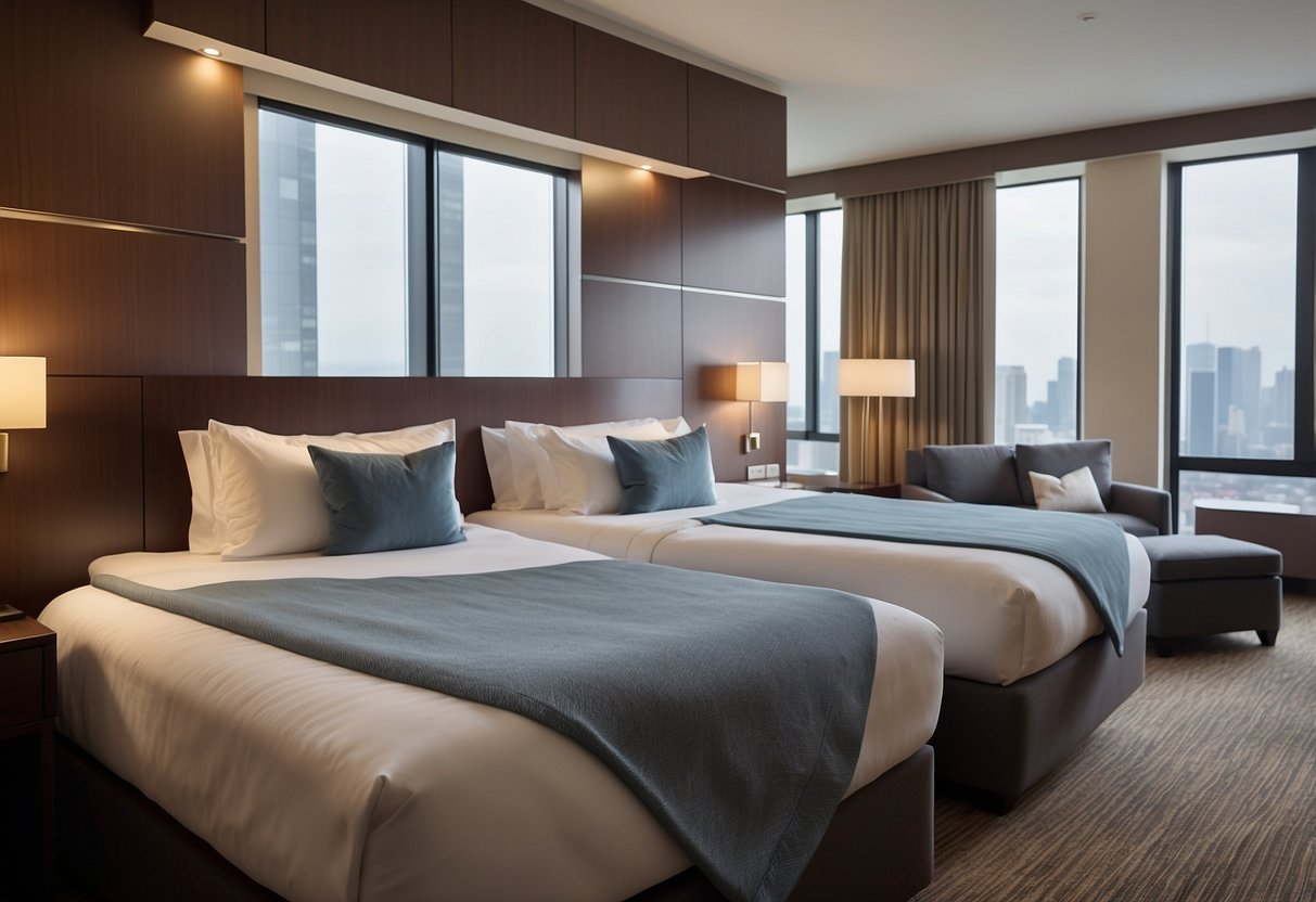 A hotel room with multiple beds, a sofa bed, and extra bedding to accommodate more guests. A price list or sign indicating the maximum occupancy for the room