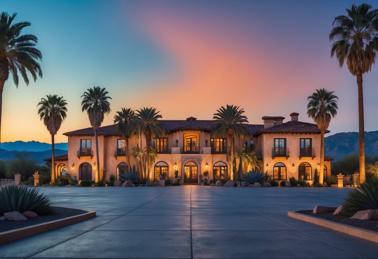 A large Spanish-style mansion with palm trees and desert plants at twilight, with mountains in the background.
