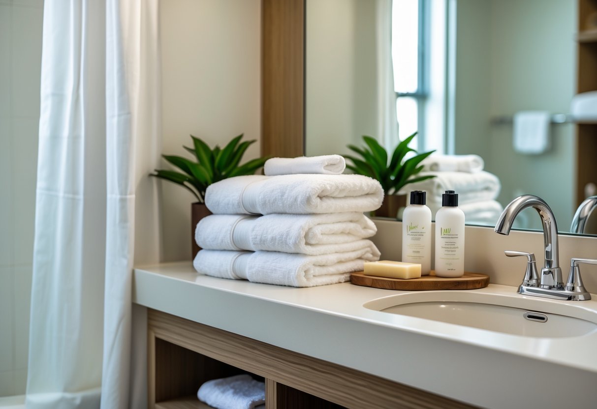 A hotel bathroom countertop with neatly folded white towels, toiletries, a sink, and a mirror.