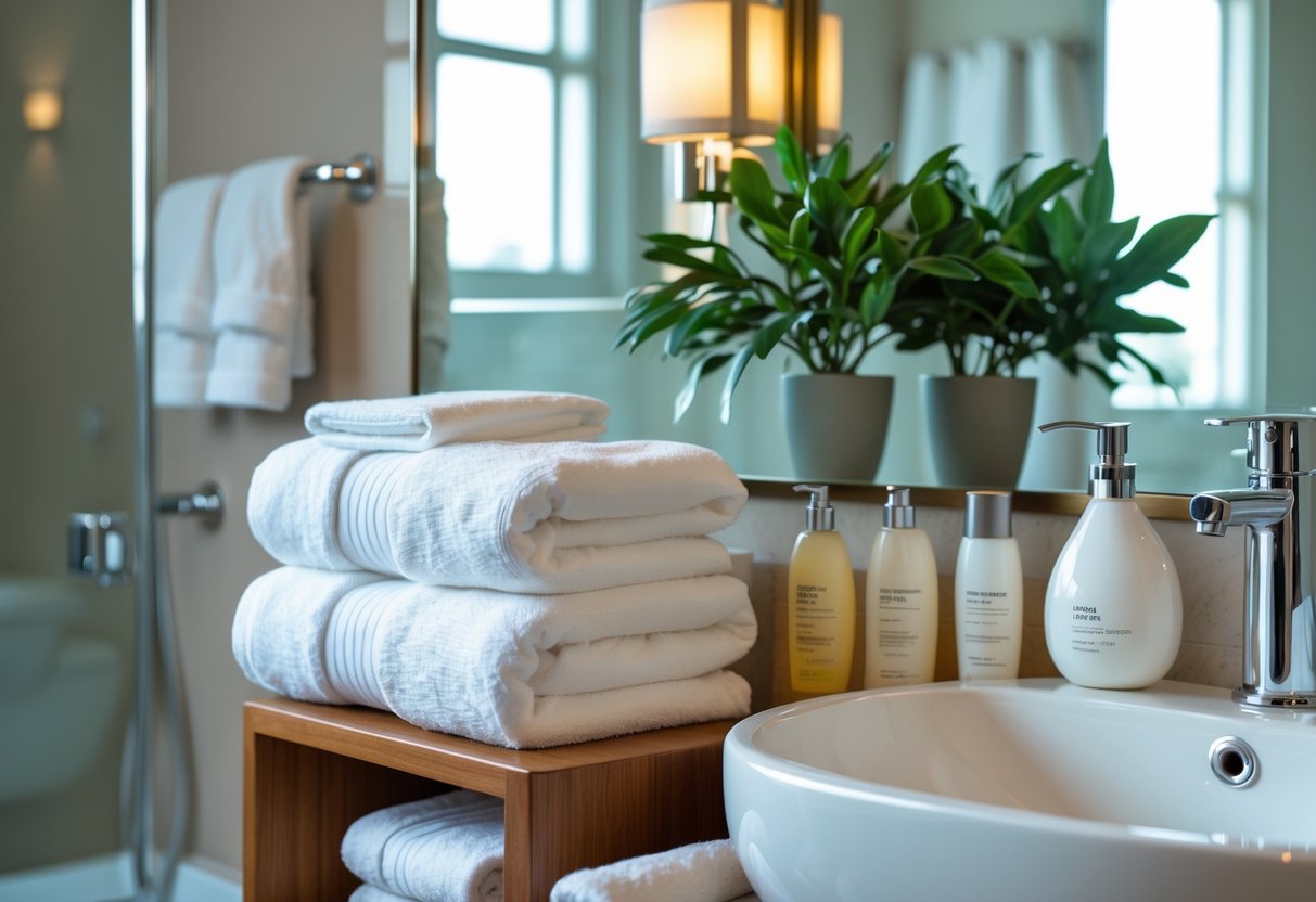 A hotel bathroom with white towels folded on a wooden shelf next to a sink and mirror, with toiletries and a small plant.
