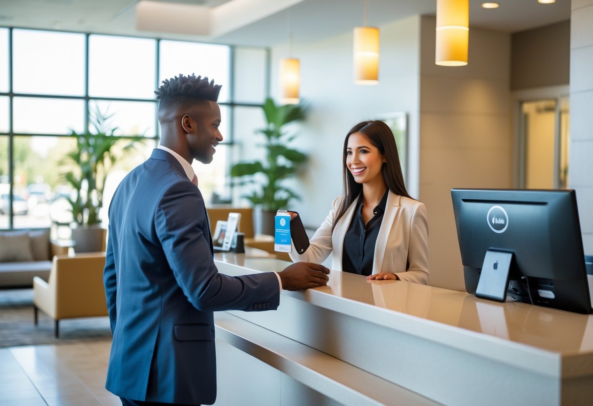 A young adult checking into a hotel at the reception desk with a receptionist in a bright, modern lobby.