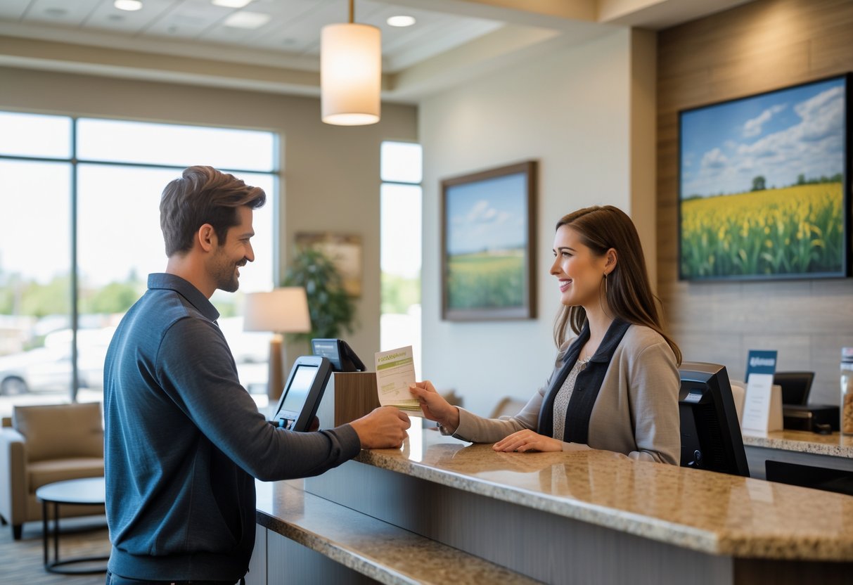 A young adult couple checking in at a hotel reception desk with a receptionist in a bright, modern hotel lobby.