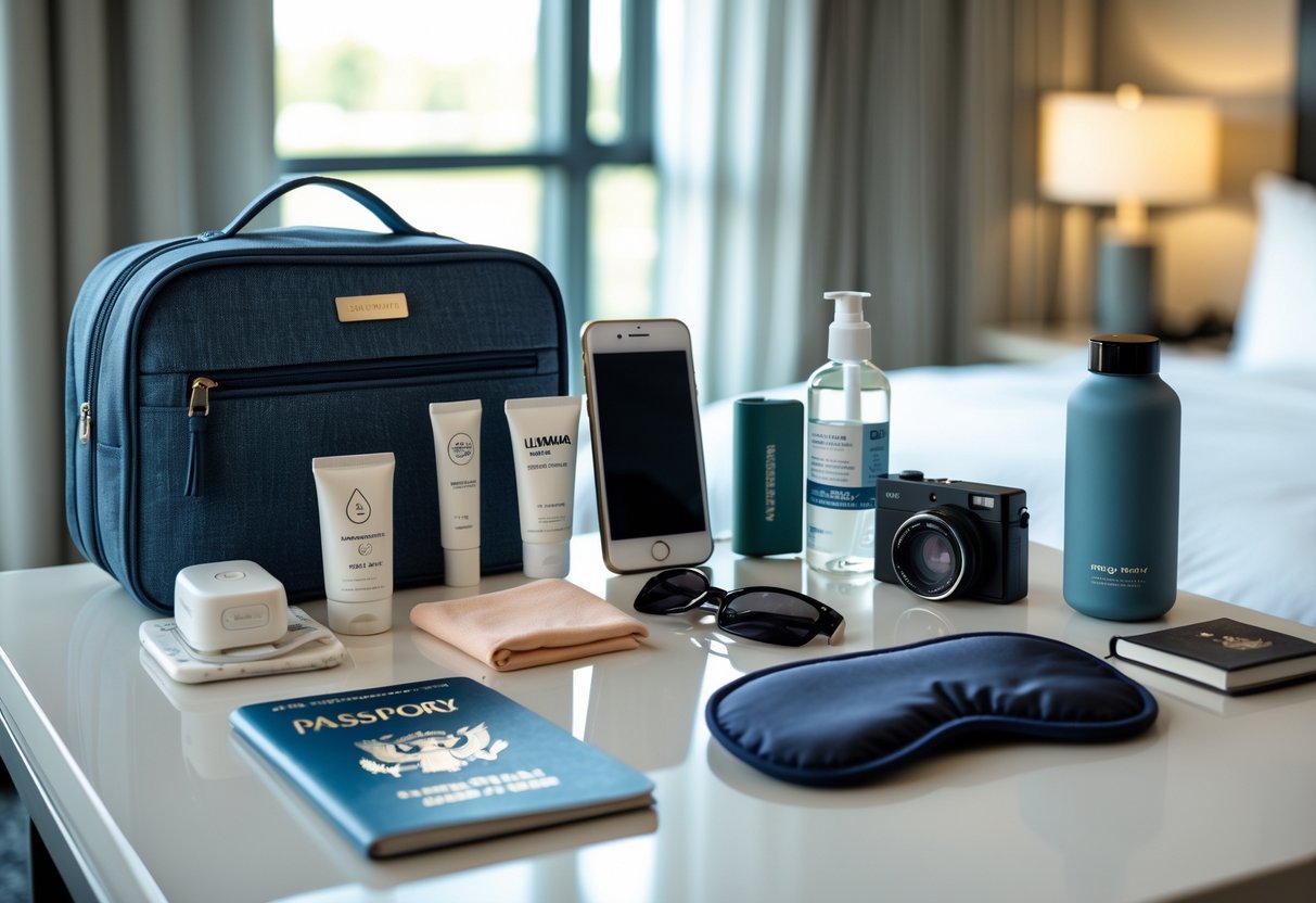 A collection of essential travel items arranged on a hotel room desk, including a toiletry bag, passport, smartphone, sunglasses, hand sanitizer, sleep mask, water bottle, camera, and book.