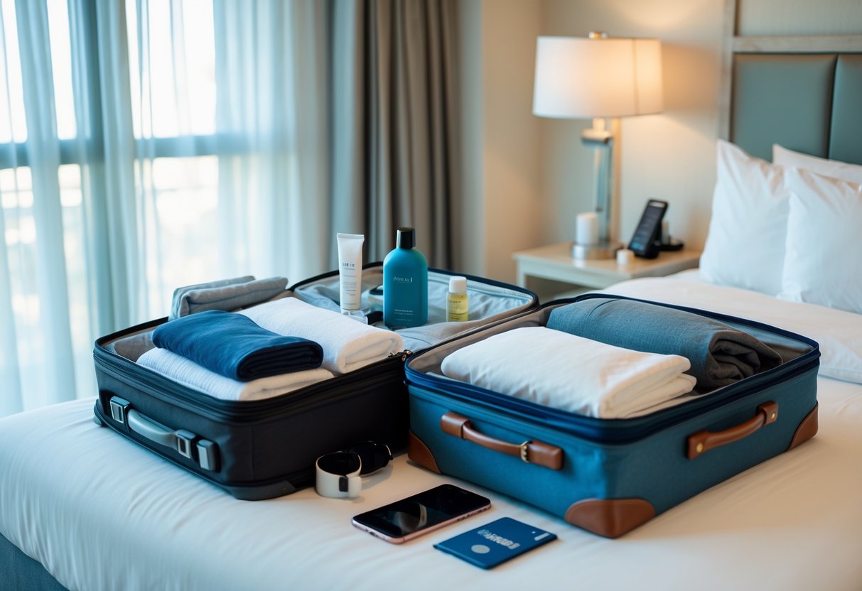 Open suitcase with packed travel essentials on a hotel bed in a bright hotel room.