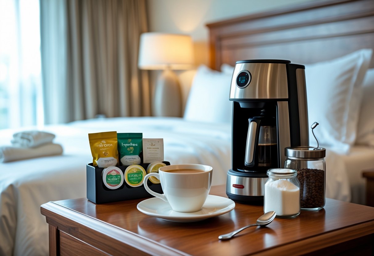 A hotel bedside table with a kettle, coffee cup, coffee pods, and sugar packets next to a neatly made bed.