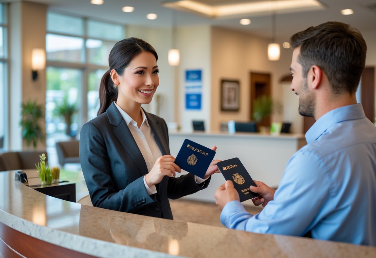 A hotel receptionist helping a young adult guest at the front desk in a bright hotel lobby.