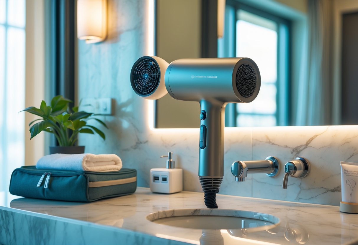 A hotel bathroom countertop with a hair dryer, towel, and travel toiletry bag near a mirror and power outlet.