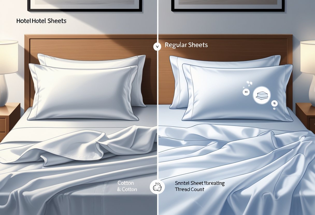 A side-by-side comparison of a hotel bed with smooth, bright white sheets and a regular bed with less smooth, wrinkled sheets in a neutral bedroom setting.