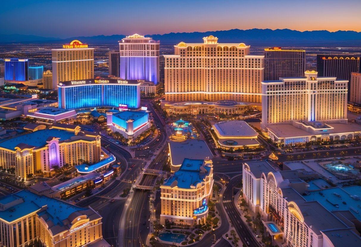 Aerial view of the Las Vegas Strip showing many illuminated hotels and busy streets at sunset.