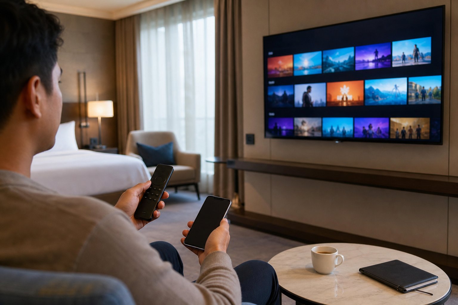 Person sitting in a hotel room holding a remote and smartphone, preparing to stream content on a wall-mounted TV.